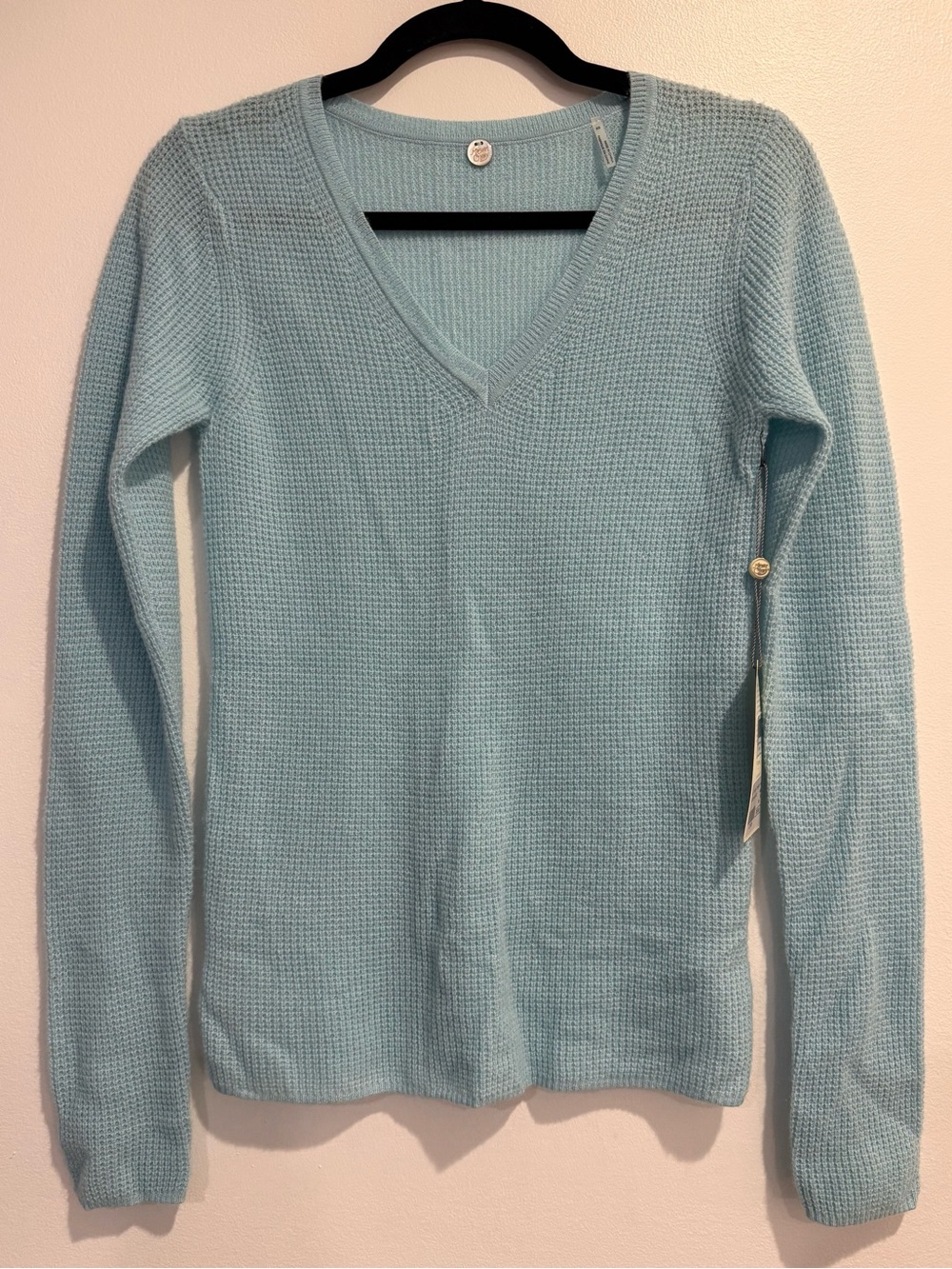 NWT Margaret O’ Leary 100% Cashmere Waffle V Neck Long Sleeve Aqua Sweater Sz XS
